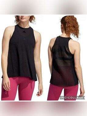 Adidas Dance Tank Top M Black Sheer Pleated Back Athleisure Training